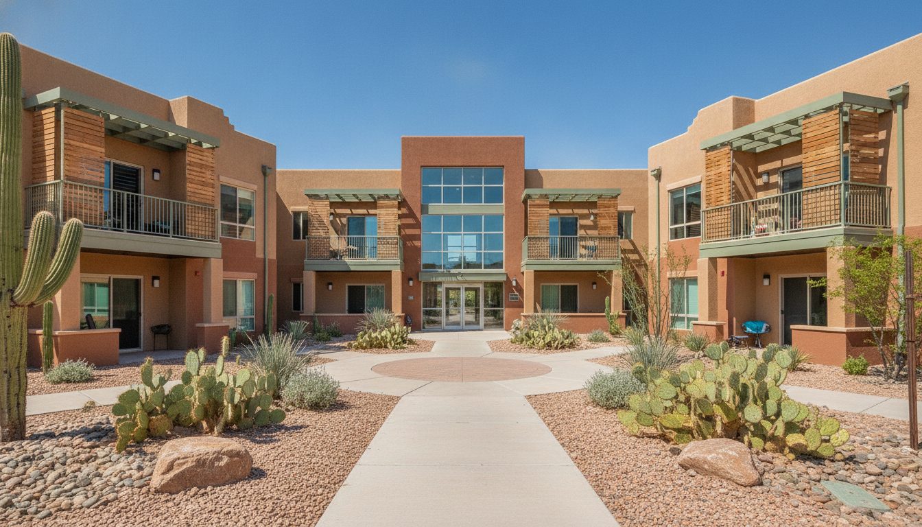 Cactus Rentals apartment buildings with desert landscaping